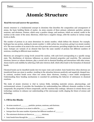 Atomic Structure Reading Comprehension Passages & Questions Worksheets ...
