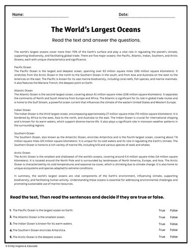 The World’s Largest Oceans Reading Comprehension Passages & Questions ...