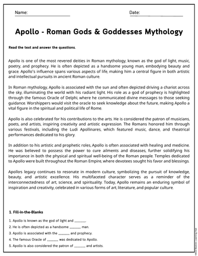 Apollo - Roman Gods & Goddesses Mythology Reading Comprehension ...