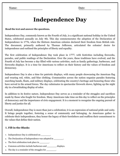 Independence Day - Historical Event Reading Comprehension Passages ...