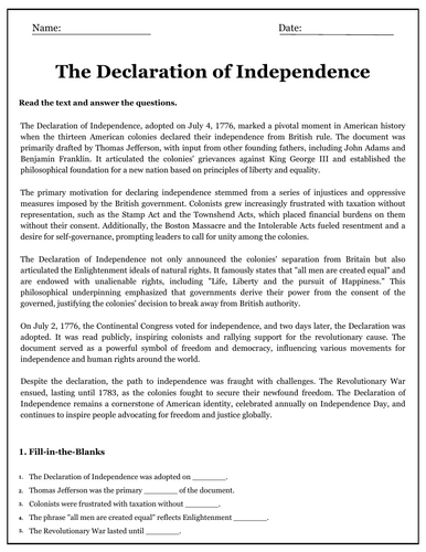 The Declaration of Independence Reading Comprehension Passages ...
