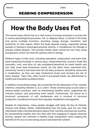 How the Body Uses Fat: Reading Comprehension Passages & Questions ...