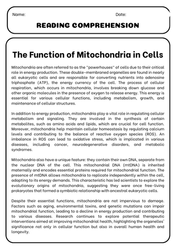 The Function of Mitochondria in Cells: Reading Comprehension Passages ...
