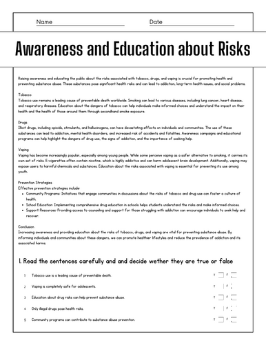 Awareness and Education About Risks: Reading Comprehension Passages ...