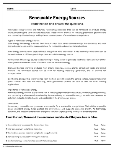 Renewable Energy Sources Reading Comprehension Passages & Questions ...