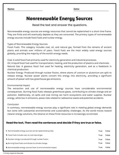 Nonrenewable Energy Sources Reading Comprehension Passages & Questions ...