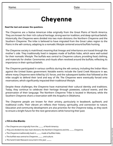 Cheyenne Reading Comprehension Passages & Questions Worksheets ...