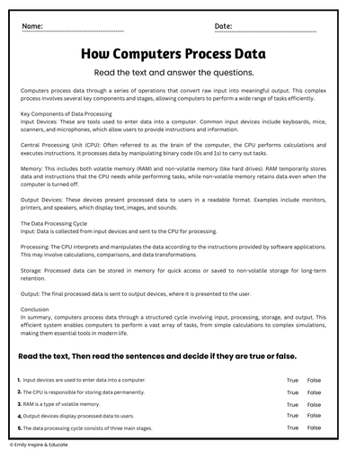 How Computers Process Data Reading Comprehension Passages & Questions ...