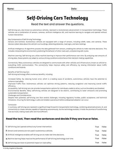 Self-Driving Cars Technology Reading Comprehension Passages & Questions ...
