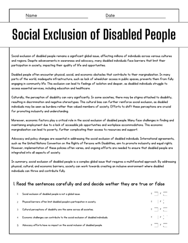 Social Exclusion of Disabled People: Reading Comprehension Passages ...