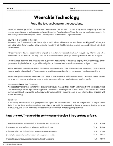 Wearable Technology Reading Comprehension Passages & Questions ...