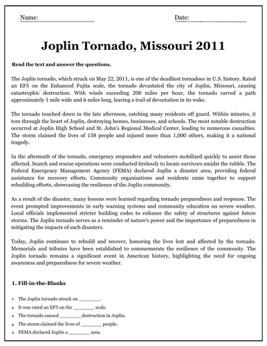 Joplin Tornado of 2011 Reading Comprehension Passages & Questions ...