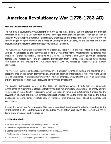 American Revolutionary War (1775–1783 AD) Reading Comprehension ...