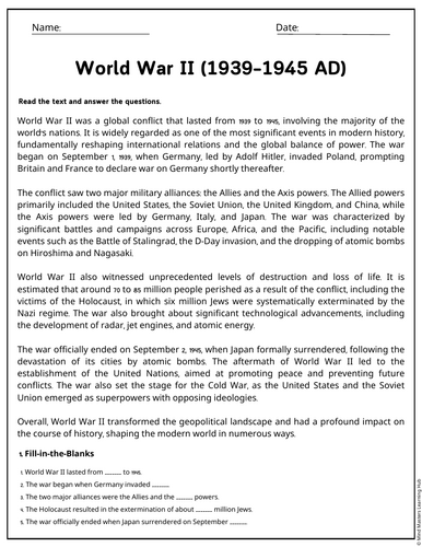World War II (1939–1945 AD) Reading Comprehension Passages & Questions ...