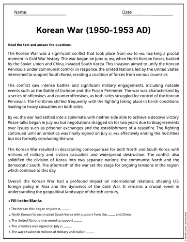 Korean War (1950–1953 AD) Reading Comprehension Passages & Questions ...