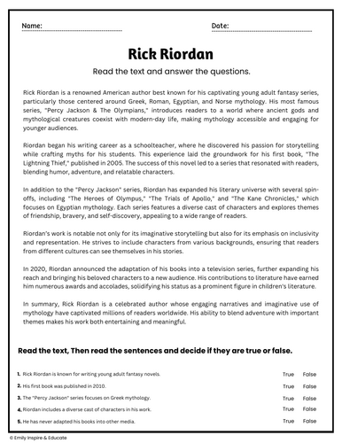 Rick Riordan Reading Comprehension Passages & Questions Worksheets ...