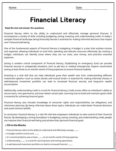 Financial Literacy Reading Comprehension Passages & Questions ...