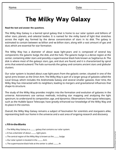 The Milky Way Galaxy Reading Comprehension Passages & Questions ...