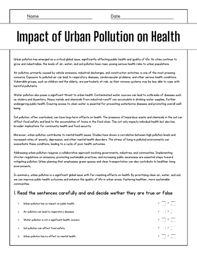 Impact of Urban Pollution on Health: Reading Comprehension Passages ...