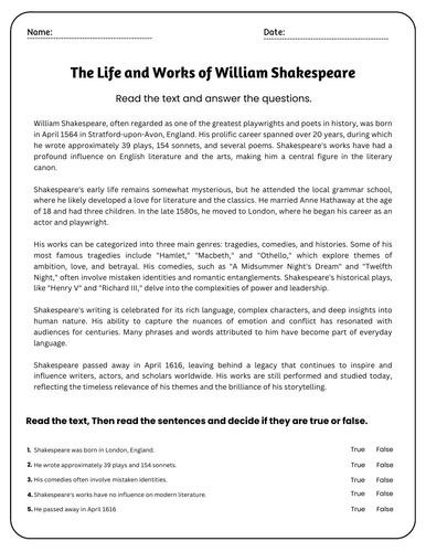 William Shakespeare Reading Comprehension Passages & Questions ...