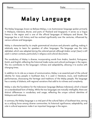 Malay Language Reading Comprehension Passages & Questions Worksheets ...