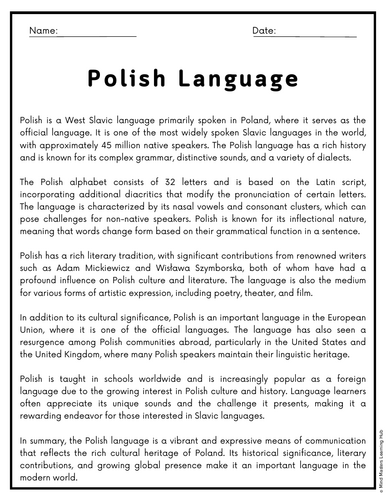 Polish Language Reading Comprehension Passages & Questions Worksheets ...