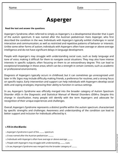 Asperger Syndrome Reading Comprehension Passages & Questions Worksheets ...