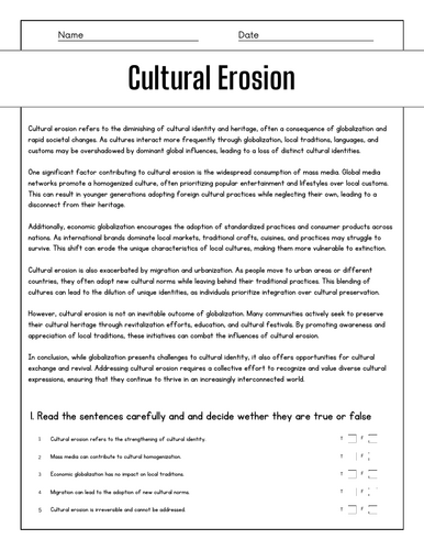 Cultural Erosion: Reading Comprehension Passages & Questions Worksheets ...