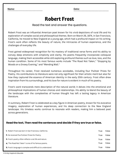 Robert Frost Reading Comprehension Passages & Questions Worksheets ...