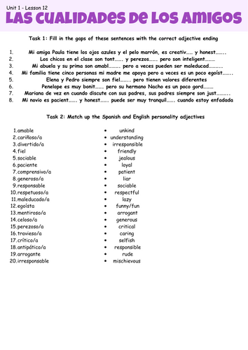 AQA GCSE Spanish Unit 1 Lesson 12 Las cualidades de los amigos ...