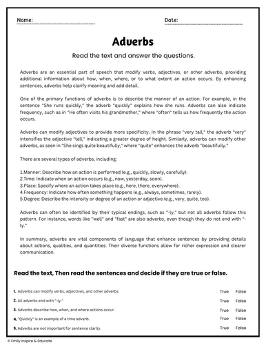 Adverbs Reading Comprehension Passages & Questions Worksheets ...