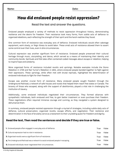 How Enslaved People Resisted Oppression Reading Comprehension Passages ...