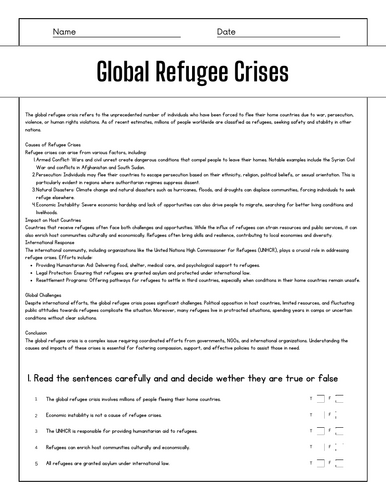 Global Refugee Crises: Reading Comprehension Passages & Questions ...