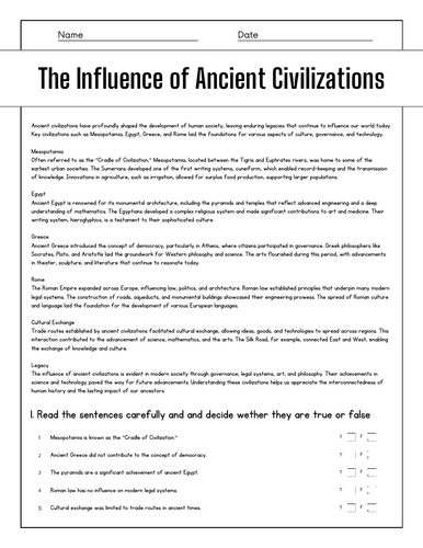 The Influence of Ancient Civilizations: Reading Comprehension Passages ...