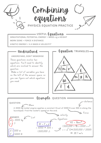 Combining equations Work done, GPE, KE - Physics equation worksheet