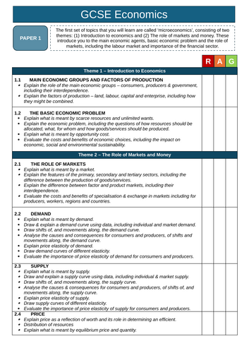 RAG Sheet - OCR GCSE Economics (for Paper 1 and Paper 2) | Teaching ...