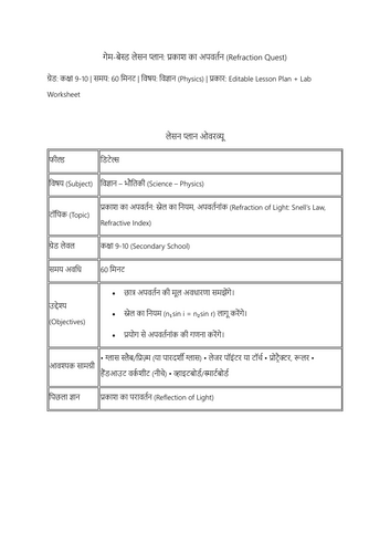 गेम-बेस्ड प्रकाश का अपवर्तन लेसन प्लान – Refraction Quest (कक्षा 9-10)