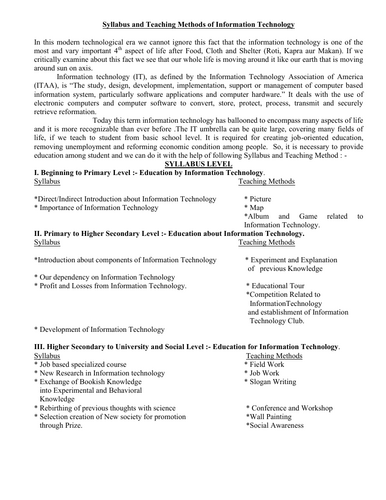 Syllabus and Teaching Methods of Information Technology