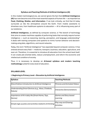 Syllabus and Teaching Methods of Artificial Intelligence (AI)