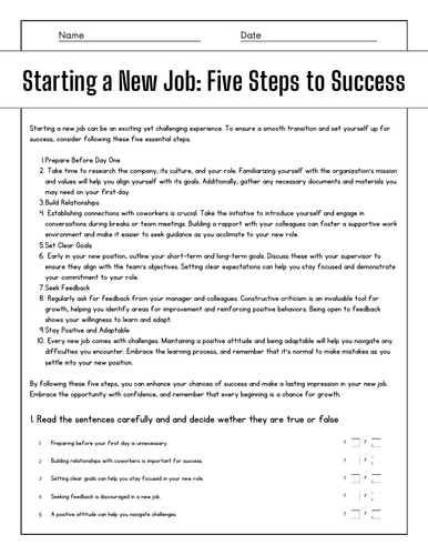 Starting a New Job: Five Steps to Success: Reading Comprehension ...