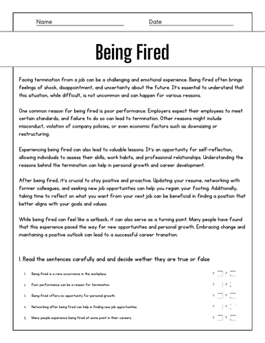 Being Fired: Reading Comprehension Passages & Questions Worksheets ...