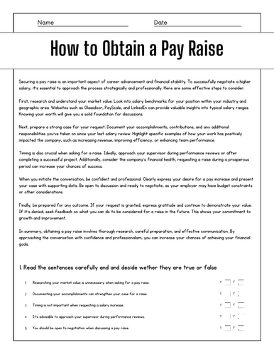 How to Obtain a Pay Raise: Reading Comprehension Passages & Questions ...