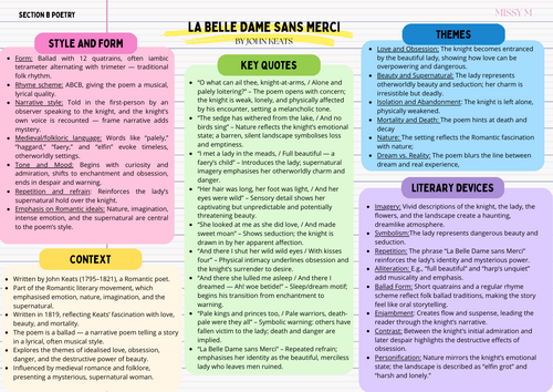 La Belle Dame sans Merci, John Keats: Revision Sheet