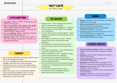 Half-caste, John Agard: Revision Sheet