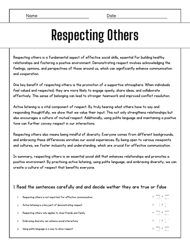 Respecting Others: Reading Comprehension Passages & Questions ...