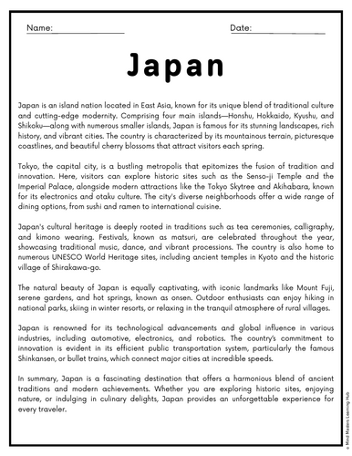 Japan Reading Comprehension Passages & Questions Worksheets | Teaching ...