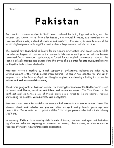 Pakistan Reading Comprehension Passages & Questions Worksheets ...