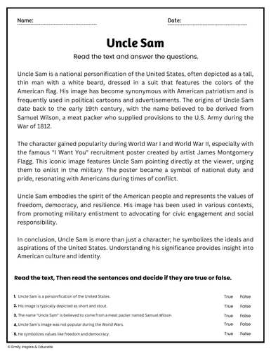 Uncle Sam - Reading Comprehension Passages & Questions Worksheets ...