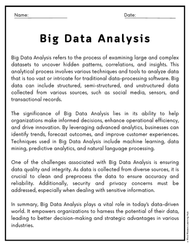 Big Data Analysis Reading Comprehension Passages & Questions Worksheets ...