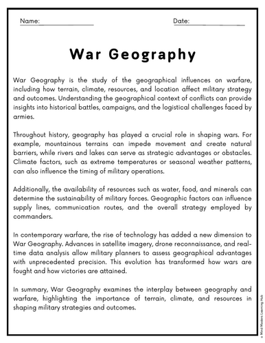 War Geography Reading Comprehension Passages & Questions Worksheets ...